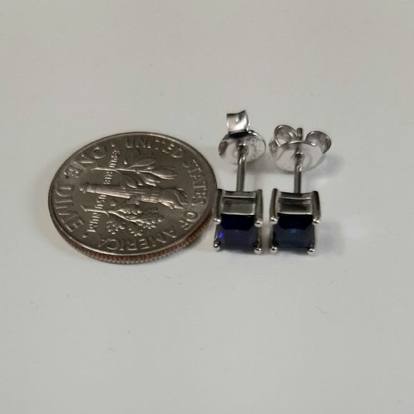 Created Sapphire Princess Cut Earrings 4mm Sterling Silver - Picture 4 of 5